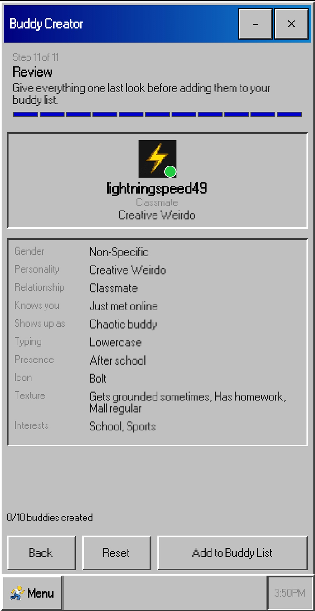 BRB2K Buddy Creator review screen