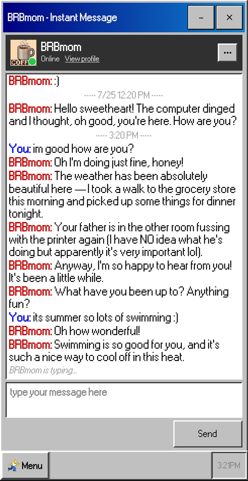 BRB2K instant message chat screen with BRBmom