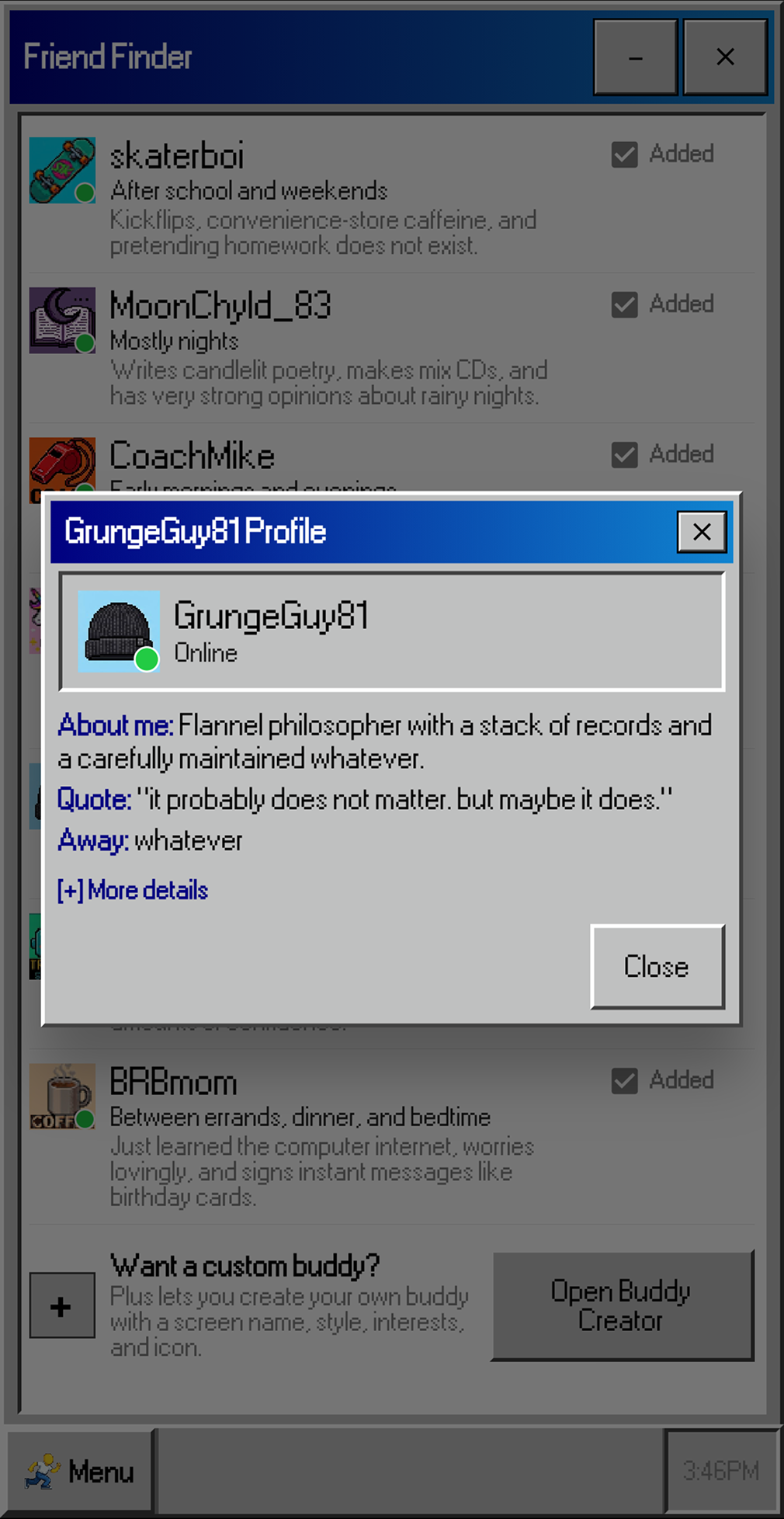 BRB2K Friend Finder screen showing a buddy profile dialog