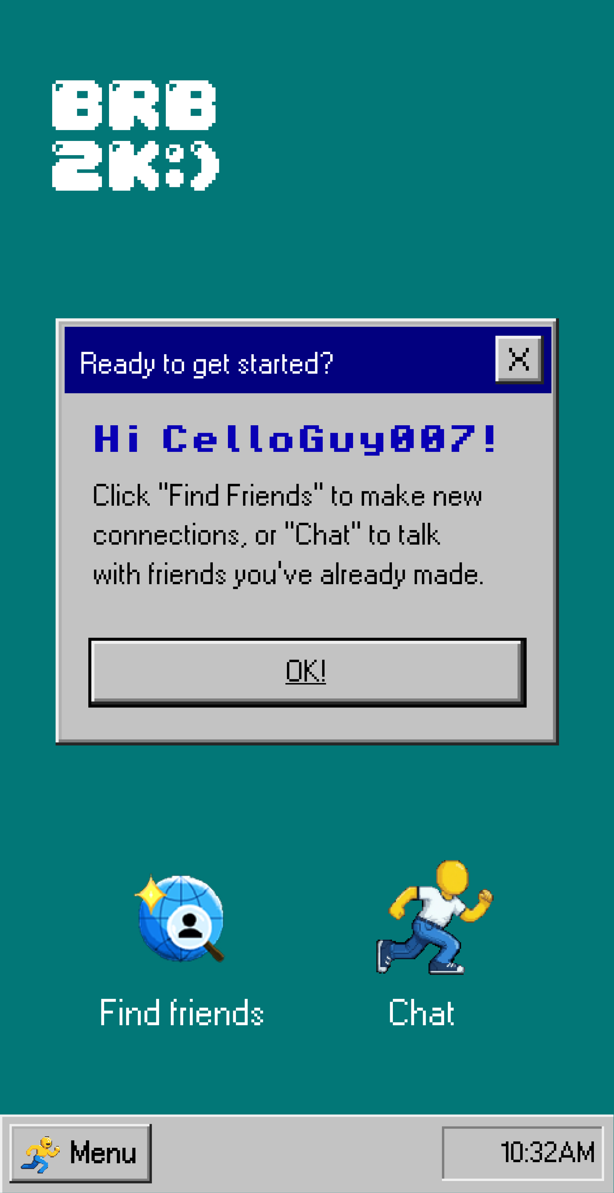 BRB2K home screen with a 90s desktop interface and welcome window