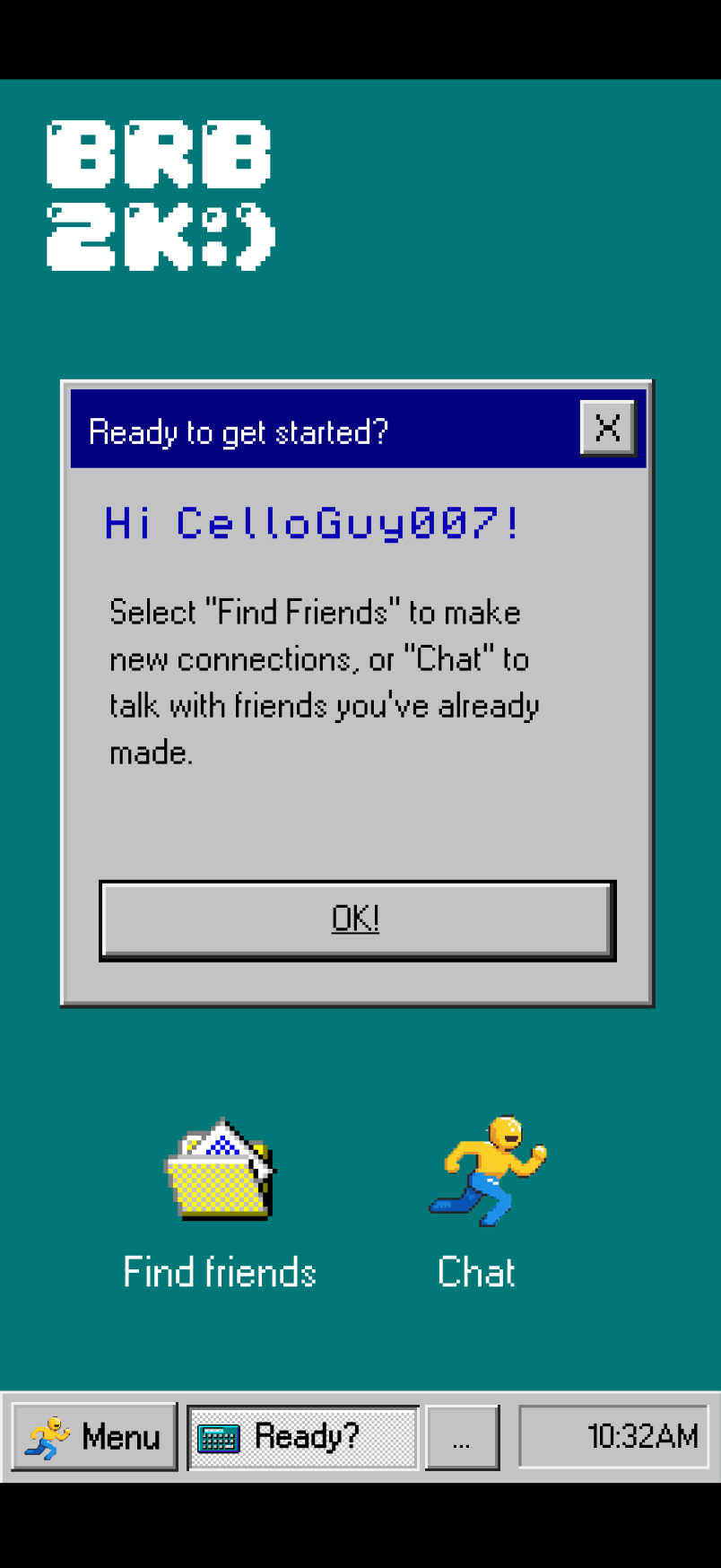 BRB2K home screen with a 90s desktop interface and welcome window